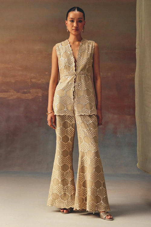 Golden Scallop Peplum Top with Chikankari Mirror Work Bellbottom