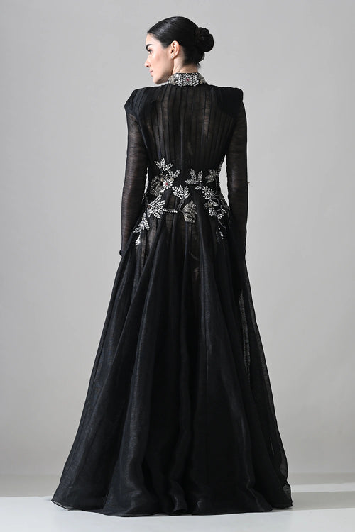 Black Silhouette Withsheer Layers And Silver Embroidery