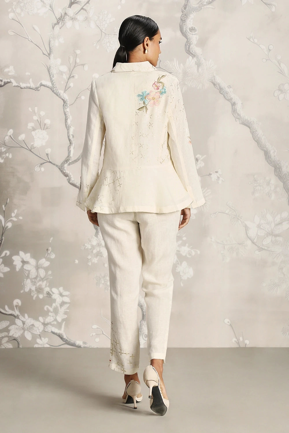 Corsage Peplum Off White Jacket and Pant Set