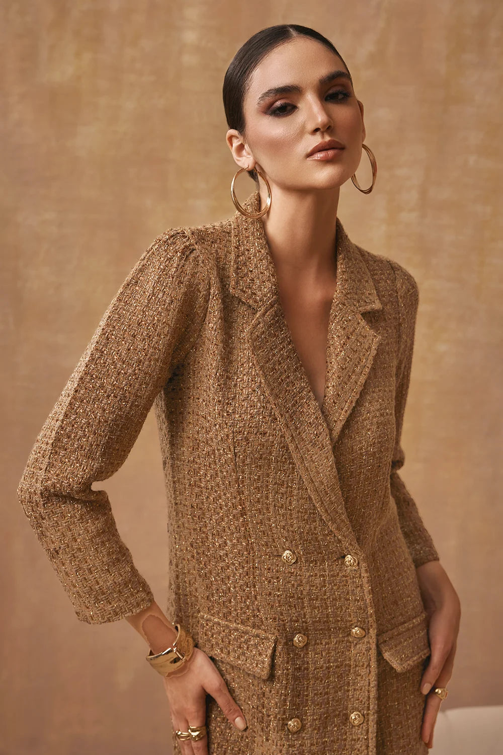 gold metallic blazer dress Natalie Gold Sequin Blazer Mini Dress - US 2