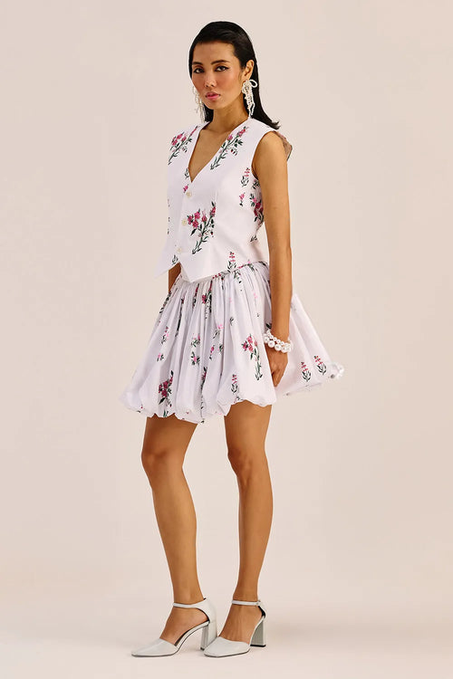 White Floral Vest Top And Mini Skirt Set