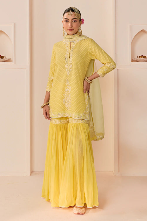 Yasneen Lemon Yellow Short Kurta with Garara and Dupatta