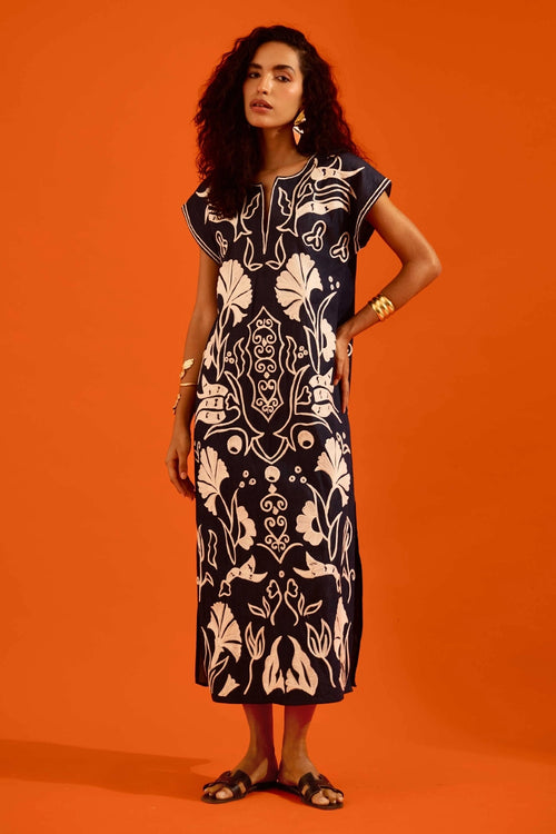 Blue Denim Maxi Dress with Thread Embroidery