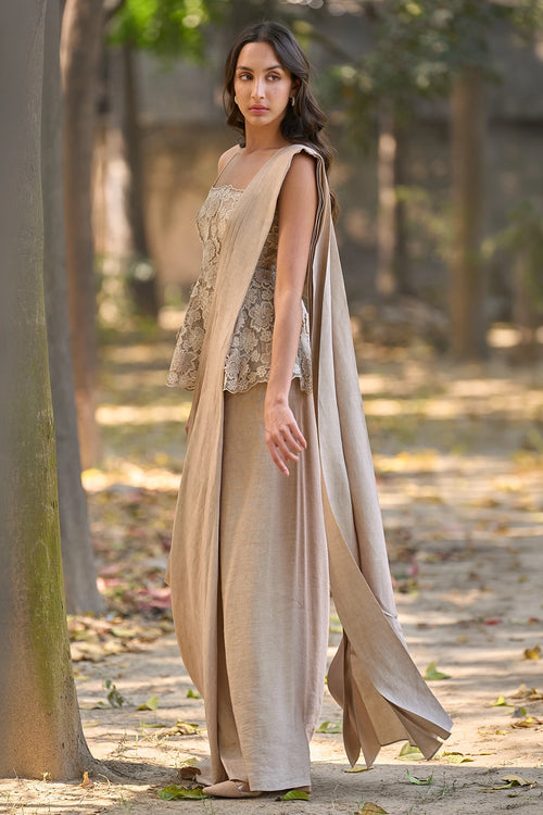 Embroidered Lace Peplum Top And Linen Sari Set