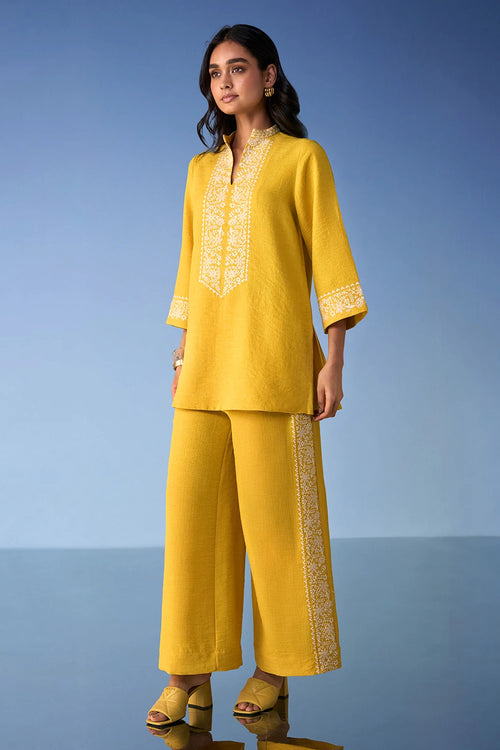 Embroidered Linen-Textured Pant
