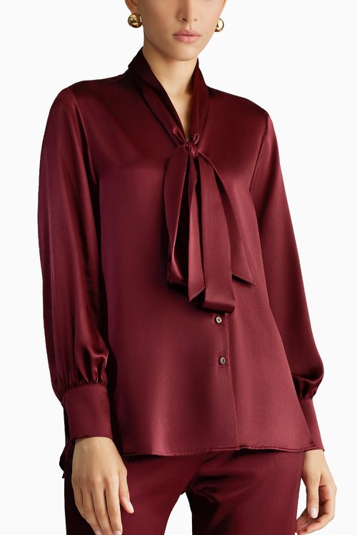 Burgundy Silk Long-Sleeved Tie-Neck Top