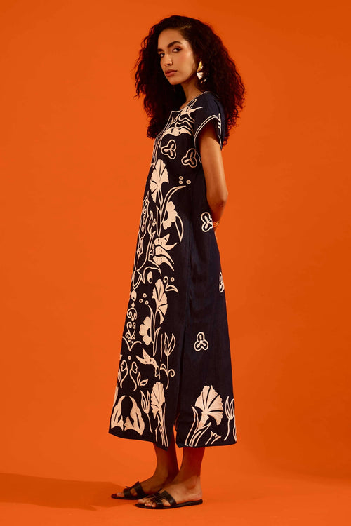 Blue Denim Maxi Dress with Thread Embroidery