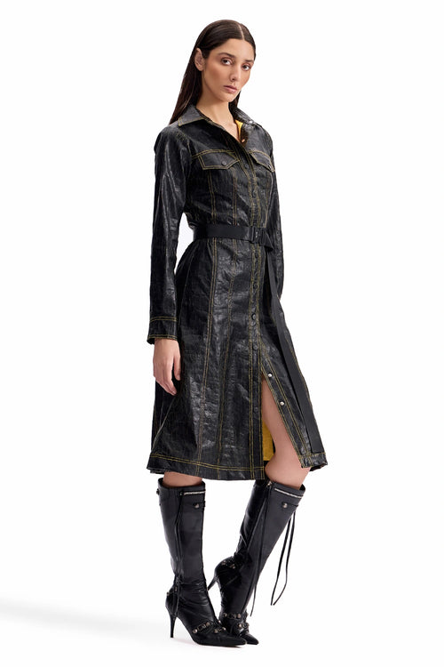 Cracked Leather Midi Shirt Dress