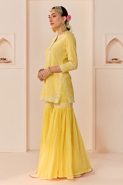 Yasneen Lemon Yellow Short Kurta with Garara and Dupatta