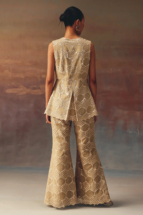 Golden Scallop Peplum Top with Chikankari Mirror Work Bellbottom