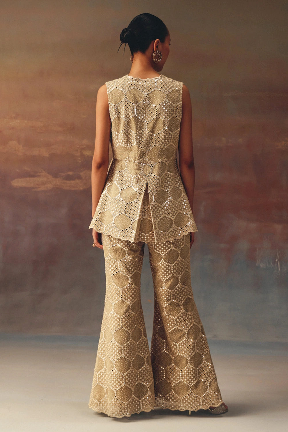 Golden Scallop Peplum Top with Chikankari Mirror Work Bellbottom