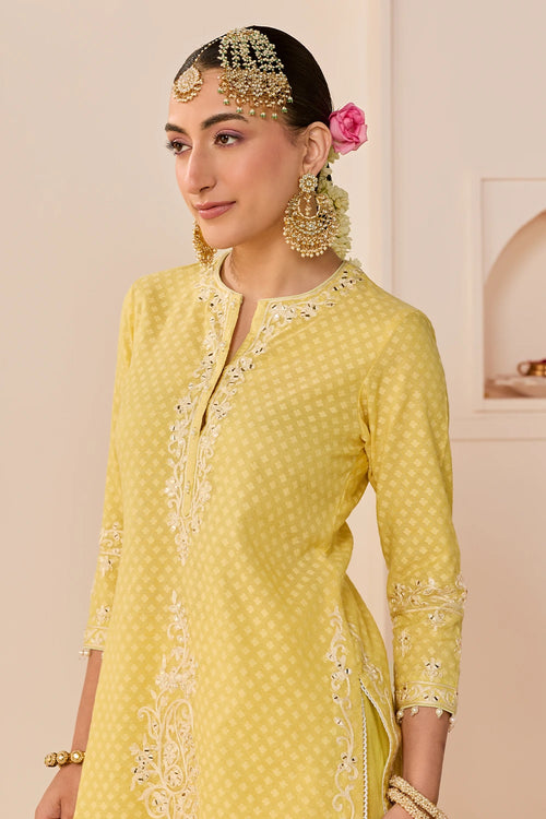 Yasneen Lemon Yellow Short Kurta with Garara and Dupatta