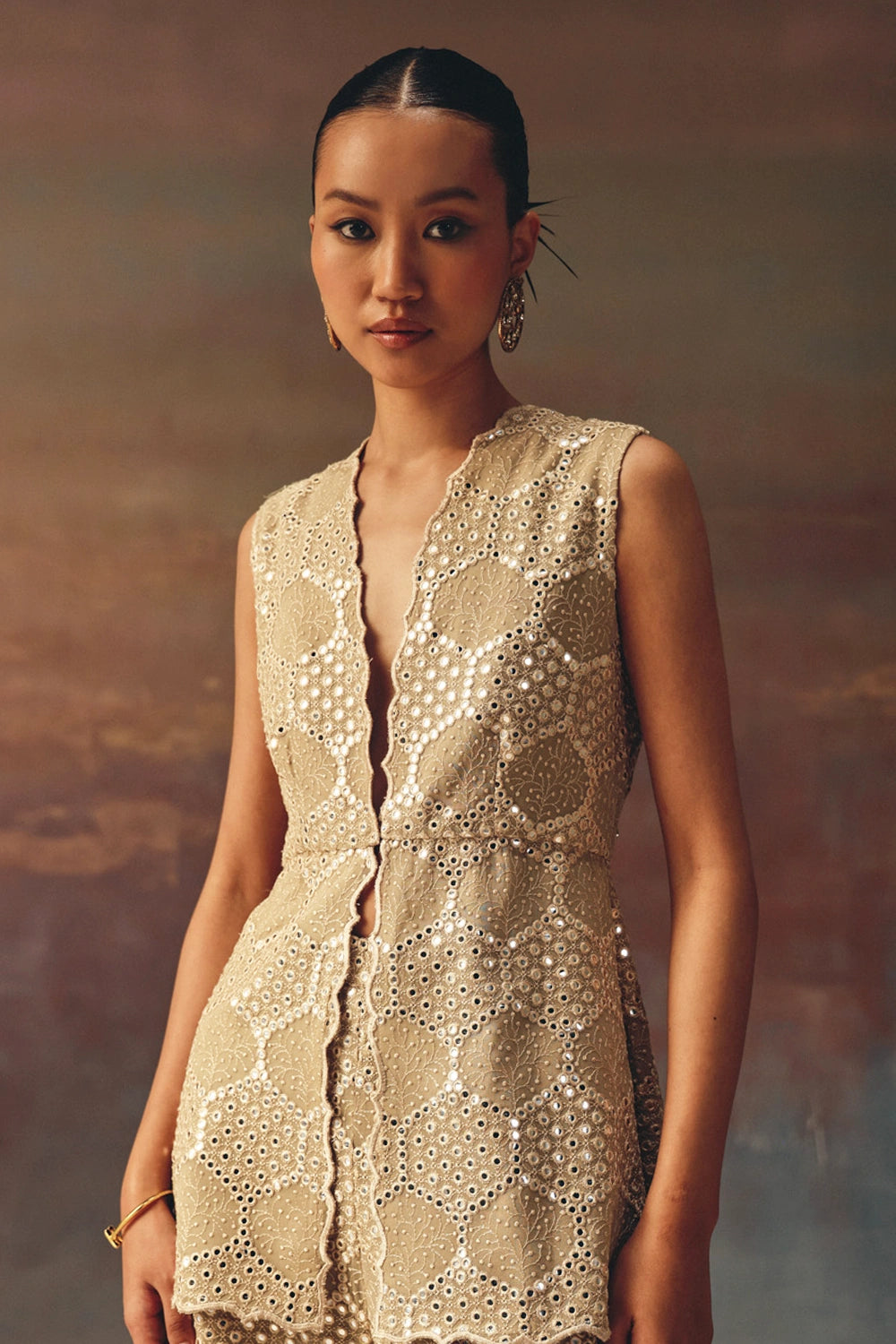 Golden Scallop Peplum Top with Chikankari Mirror Work Bellbottom