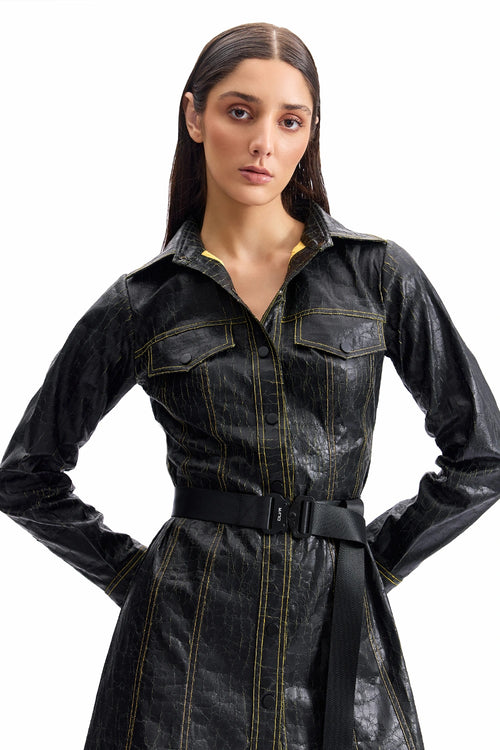 Cracked Leather Midi Shirt Dress