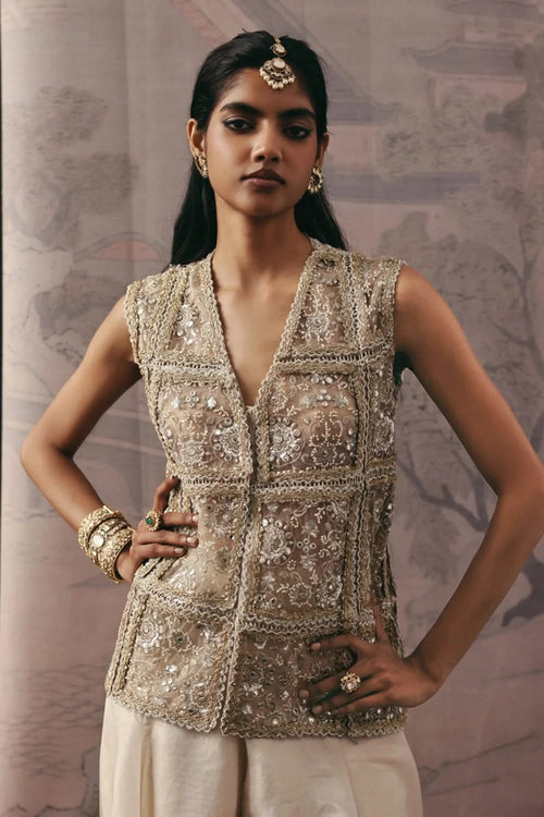 Natural Mirrorwork Multi Panel Gilet with Flared Skirt Pants