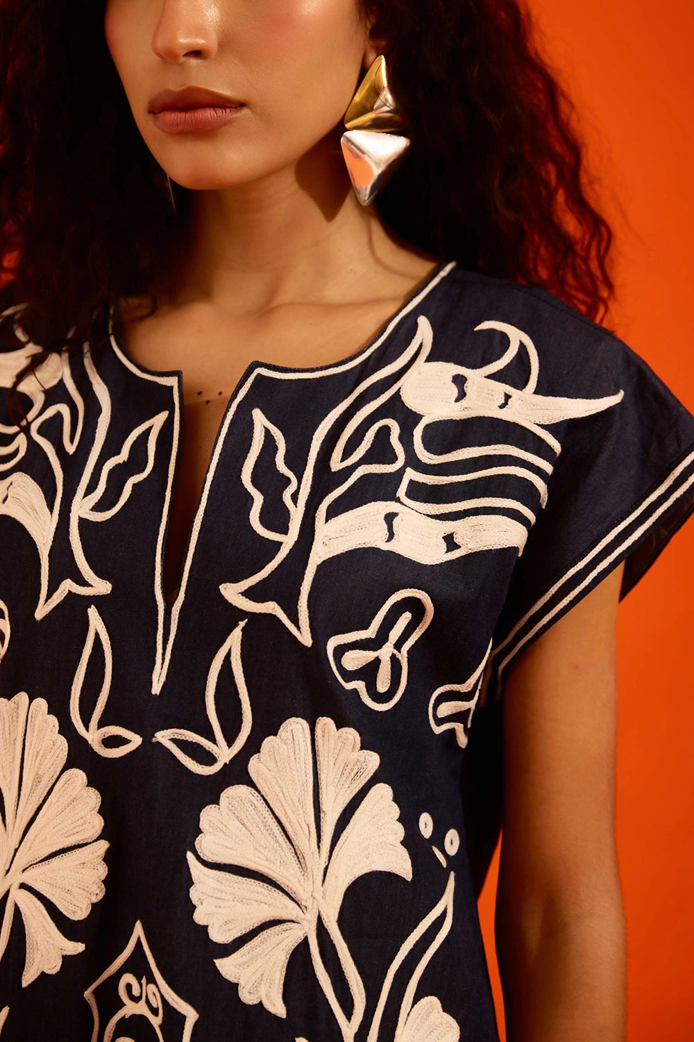 Blue Denim Maxi Dress with Thread Embroidery