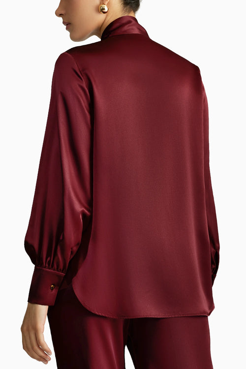 Burgundy Silk Long-Sleeved Tie-Neck Top