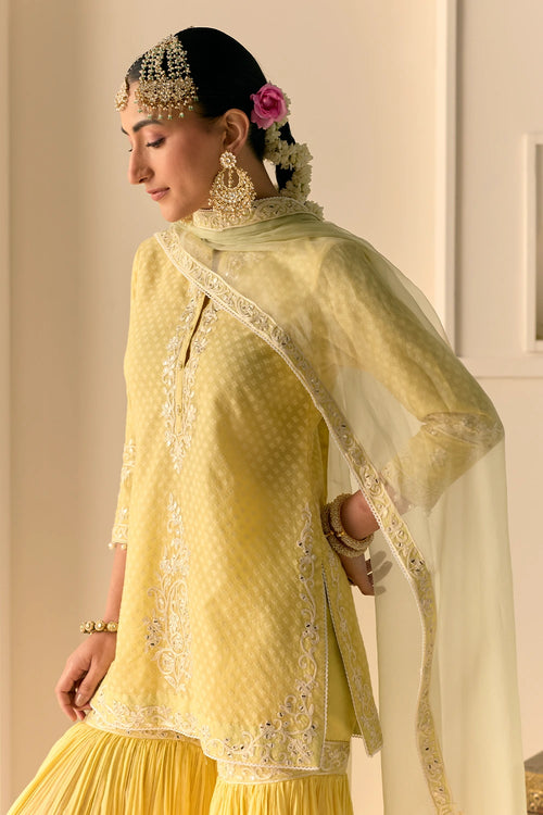 Yasneen Lemon Yellow Short Kurta with Garara and Dupatta