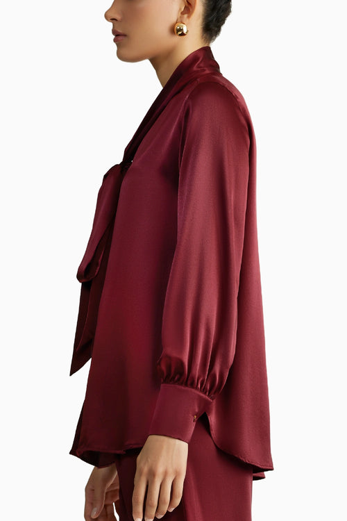 Burgundy Silk Long-Sleeved Tie-Neck Top