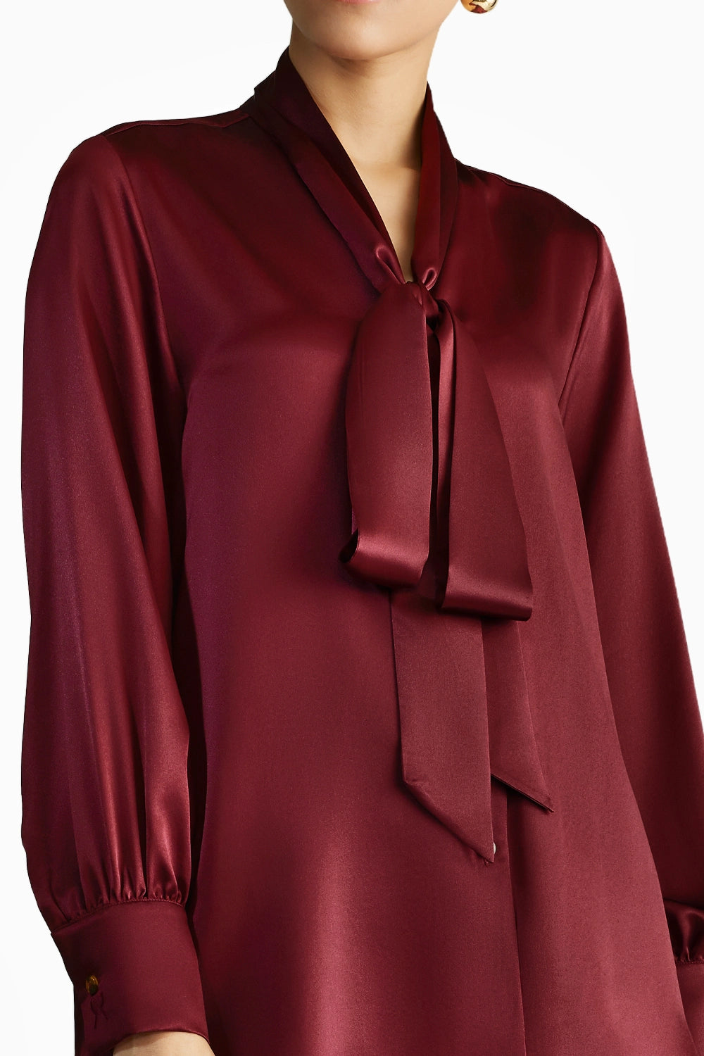 Burgundy Silk Long-Sleeved Tie-Neck Top