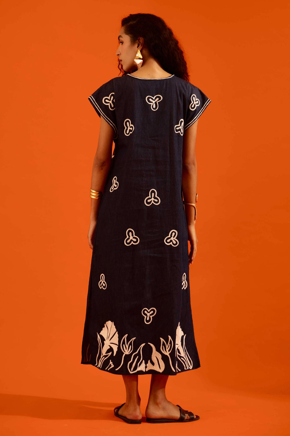 Blue Denim Maxi Dress with Thread Embroidery