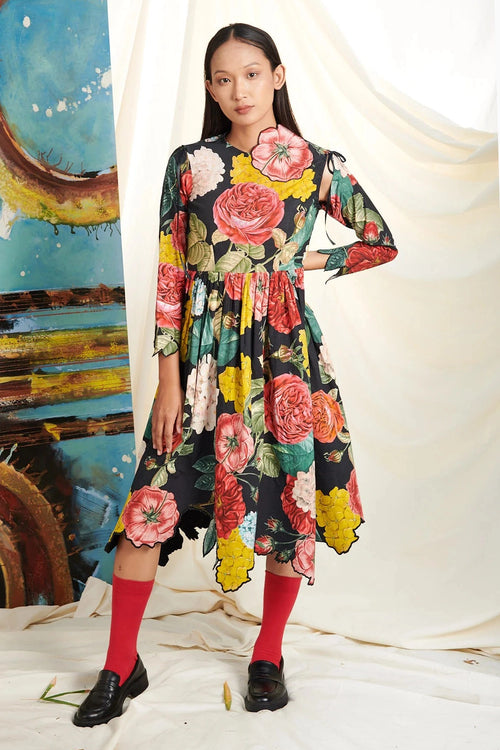 Black Big Rose Sleeved Dress