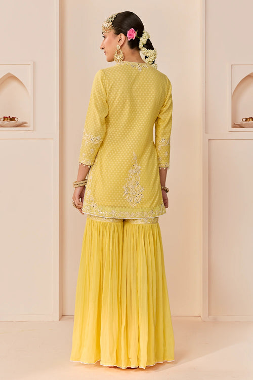 Yasneen Lemon Yellow Short Kurta with Garara and Dupatta