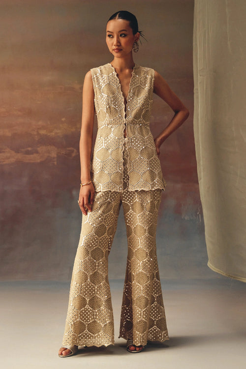 Golden Scallop Peplum Top with Chikankari Mirror Work Bellbottom