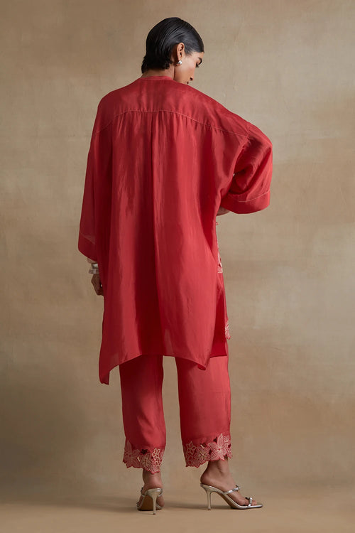 Tomato Floral Cutwork Silk Kurta Set