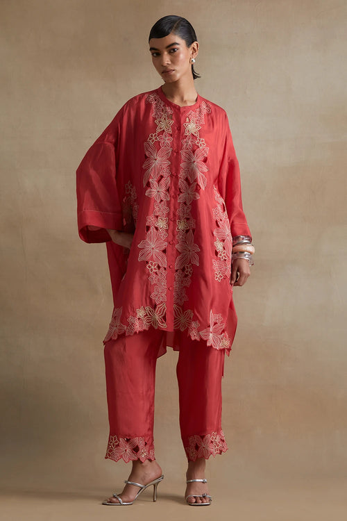 Tomato Floral Cutwork Silk Kurta Set