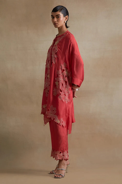 Tomato Floral Cutwork Silk Kurta Set
