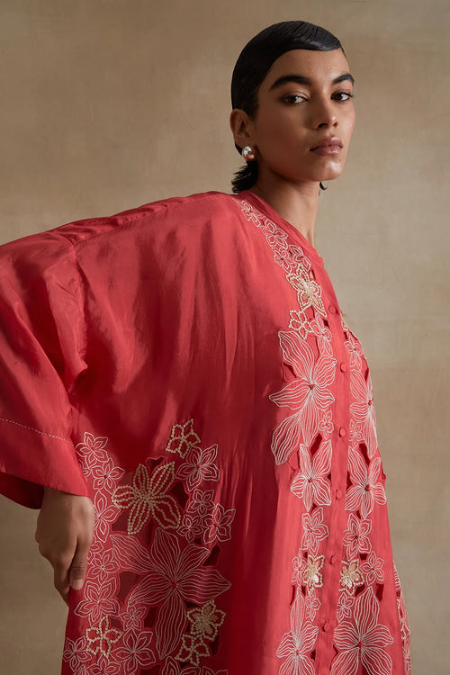 Tomato Floral Cutwork Silk Kurta Set