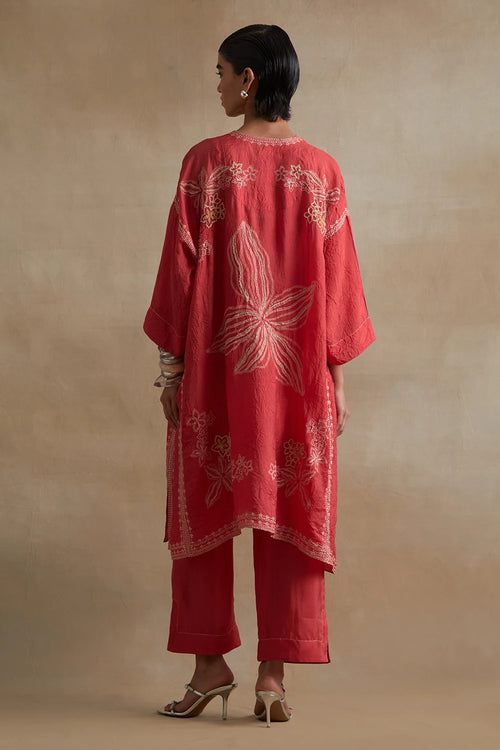 Tomato Thread Embroidered Silk Kaftan Set