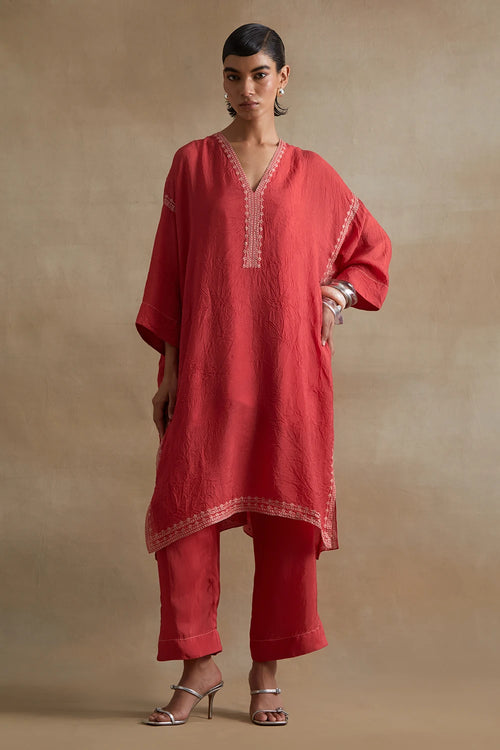 Tomato Thread Embroidered Silk Kaftan Set