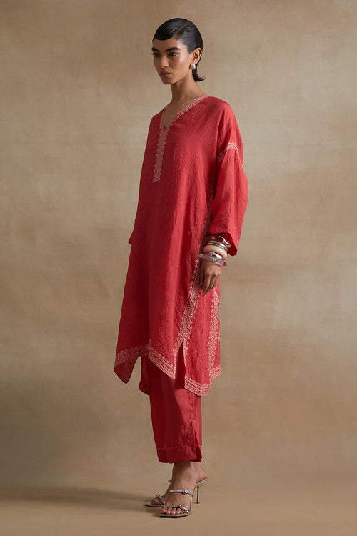 Tomato Thread Embroidered Silk Kaftan Set