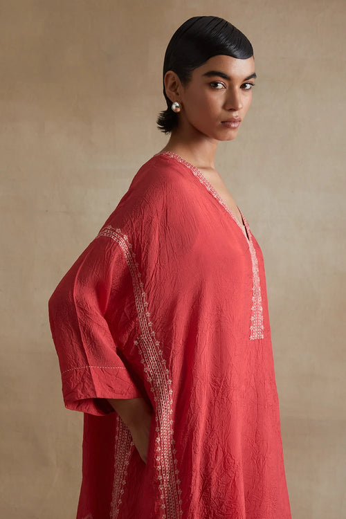 Tomato Thread Embroidered Silk Kaftan Set