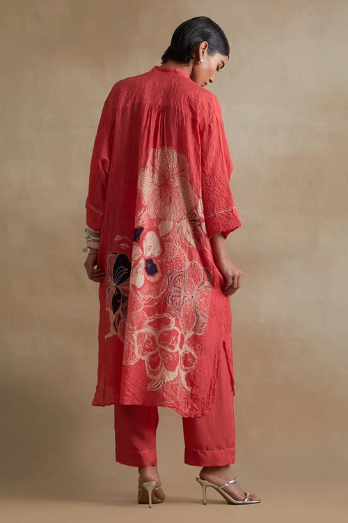Tomato Hand-Embroidered Silk Kurta Set