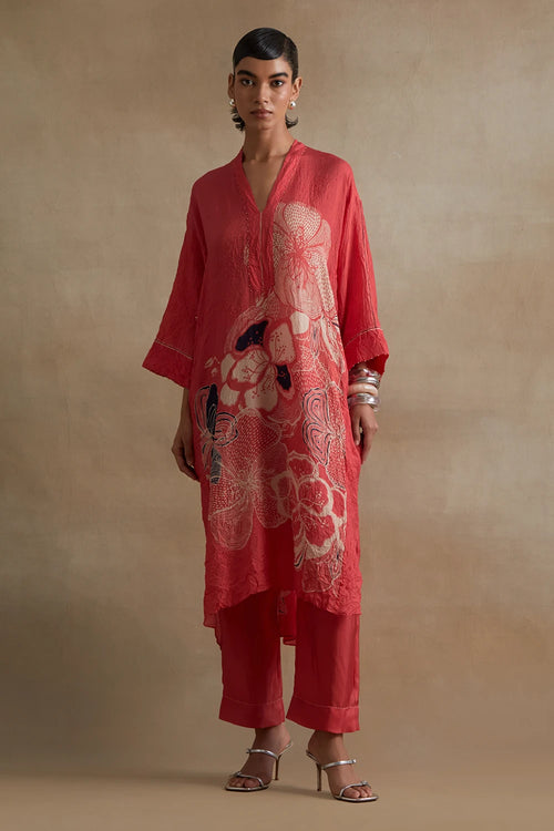 Tomato Hand-Embroidered Silk Kurta Set