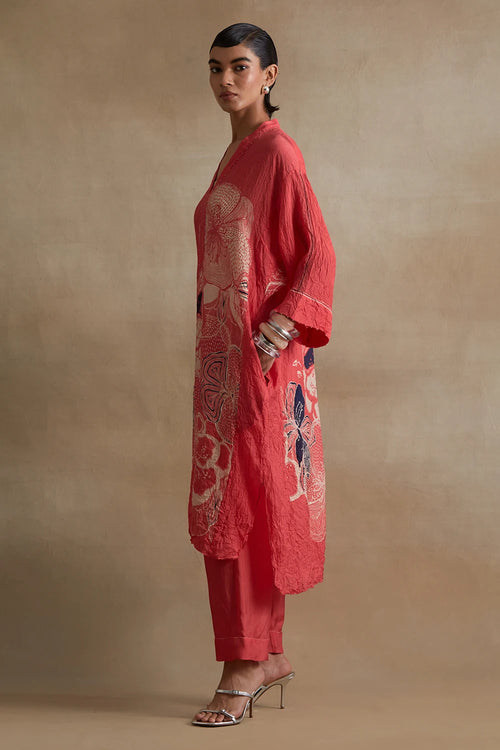 Tomato Hand-Embroidered Silk Kurta Set