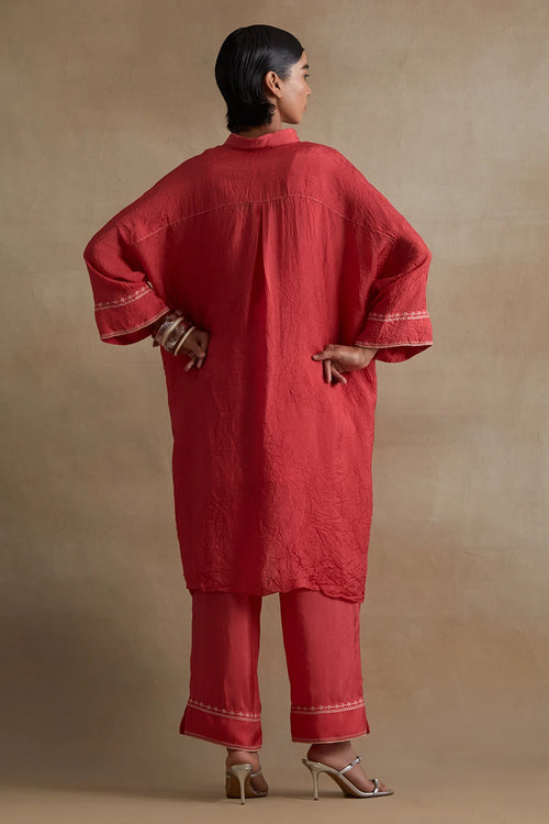 Thread Embroidered Silk Tomato Kurta Set