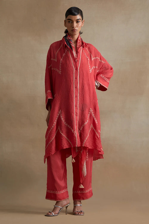 Thread Embroidered Silk Tomato Kurta Set