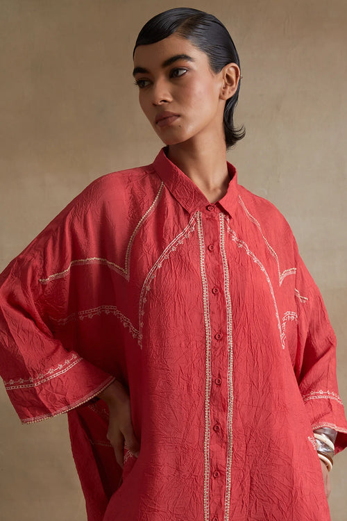 Thread Embroidered Silk Tomato Kurta Set