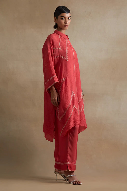 Thread Embroidered Silk Tomato Kurta Set