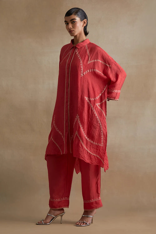 Thread Embroidered Silk Tomato Kurta Set