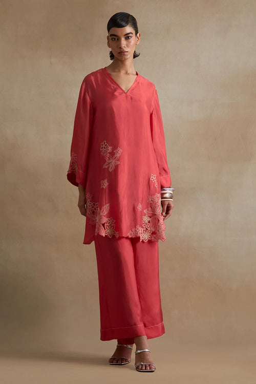 Tomato Floral Cutwork Silk Co-ord Set