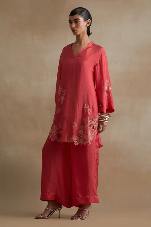 Tomato Floral Cutwork Silk Co-ord Set