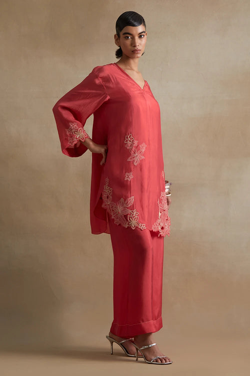 Tomato Floral Cutwork Silk Co-ord Set
