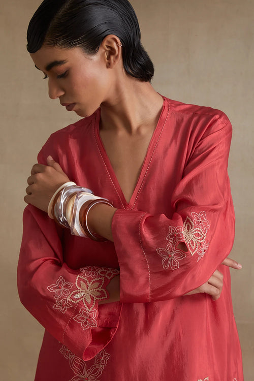 Tomato Floral Cutwork Silk Co-ord Set