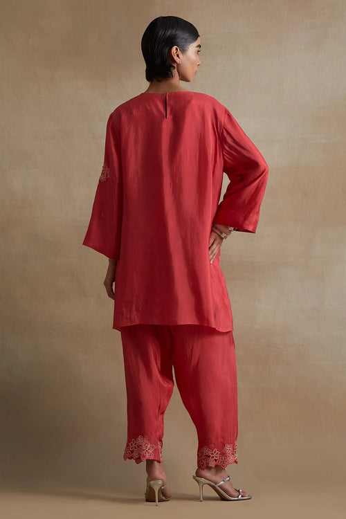 Tomato Floral Cutwork Silk Salwar Set