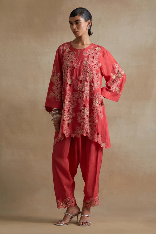 Tomato Floral Cutwork Silk Salwar Set